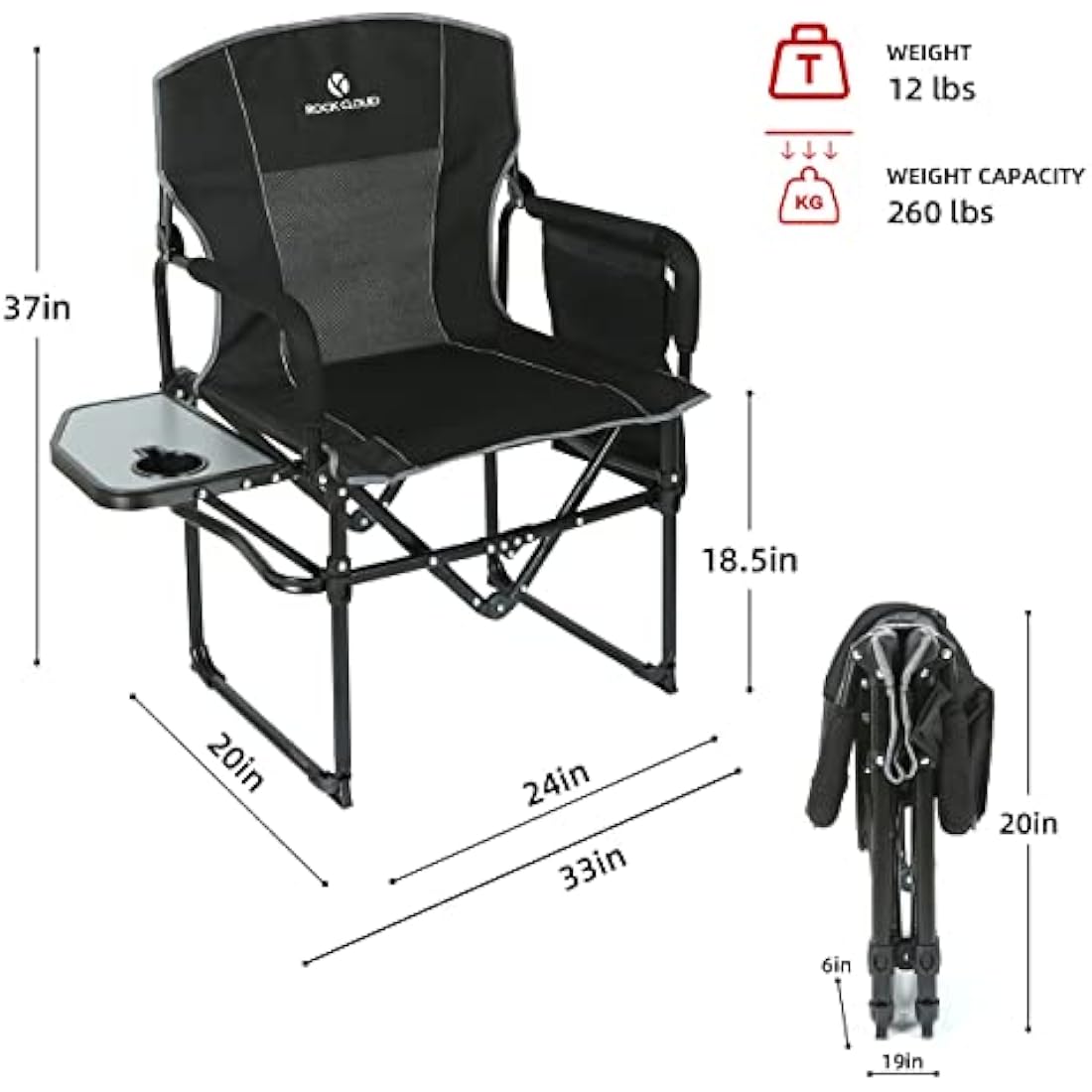 Rock Cloud Folding Camping Chair with Storage Pocket and Side Table Compact Portable Camp Chairs Outdoor for Camp Lawn Hiking Fishing Sports