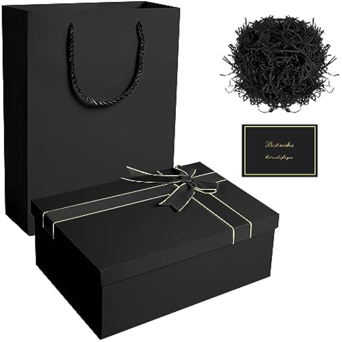 Black Gift Box, Luxury Gift Boxes with Lids Ribbon Greeting Card Shredded Paper and Paper Gift Bag Jewellery Gift Boxes for Valentines Day Presents Birthdays Wedding Anniversaries(22 * 16 * 8.5cm)