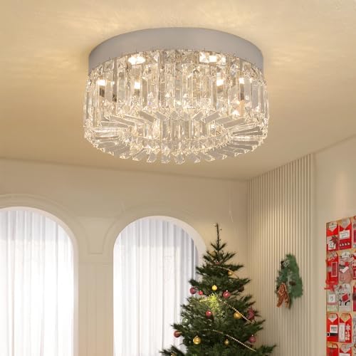 VETRULUS Crystal Chandeliers for Living Room Flush Mount Crystal Ceiling Light Fixtures 40CM Modern LED Chandelier for Dining Room Kitchen Foyer Chrome Silver