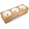 Navaris Raised Cat Bowls - Elevated Triple Cat Food Bowl Feeder - Ceramic Feeding Dishes with Bamboo Stand - 3 Dish Feeding Station Set with Printed Designs