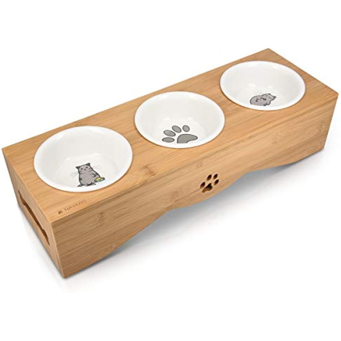 Navaris Raised Cat Bowls - Elevated Triple Cat Food Bowl Feeder - Ceramic Feeding Dishes with Bamboo Stand - 3 Dish Feeding Station Set with Printed Designs