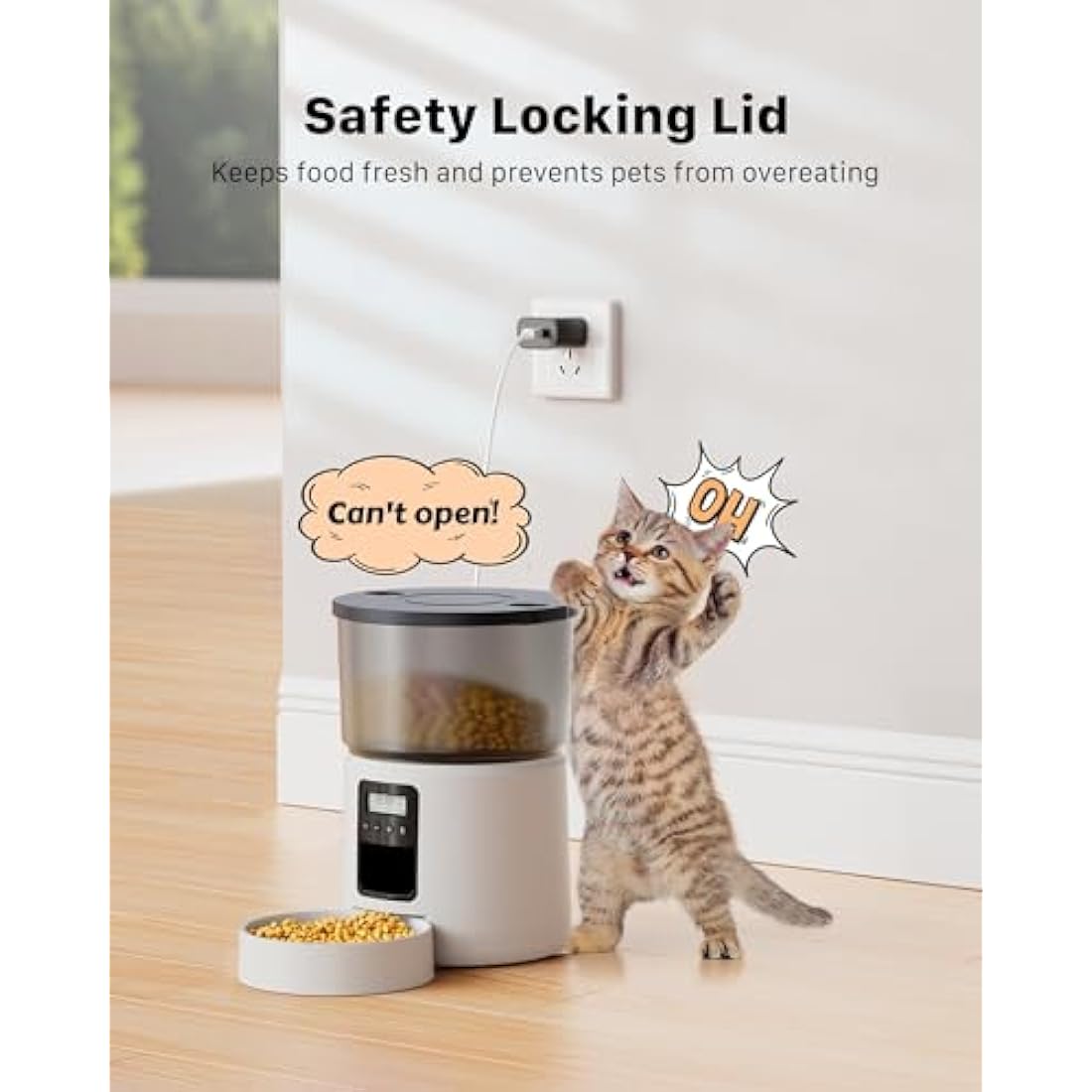 BEMOONY Automatic Cat Feeder, Cat Food Dispenser with 1-6 Meals, Customized Feeding Schedule for Cats & Dogs, Dual Power Supply, Double Lock, 10s Voice, 3L Pet Feeder Including Desiccant Bag, White