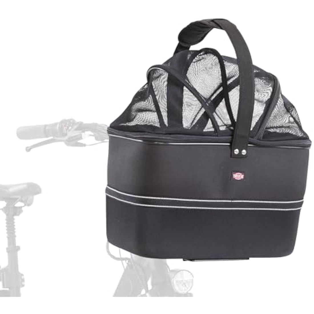 TRIXIE dog bike basket for front up to 13.2 lbs – 16.1 × 18.5 × 11.4 inches – dog bicycle basket for handlebars – includes rain cover and mesh top, 13108
