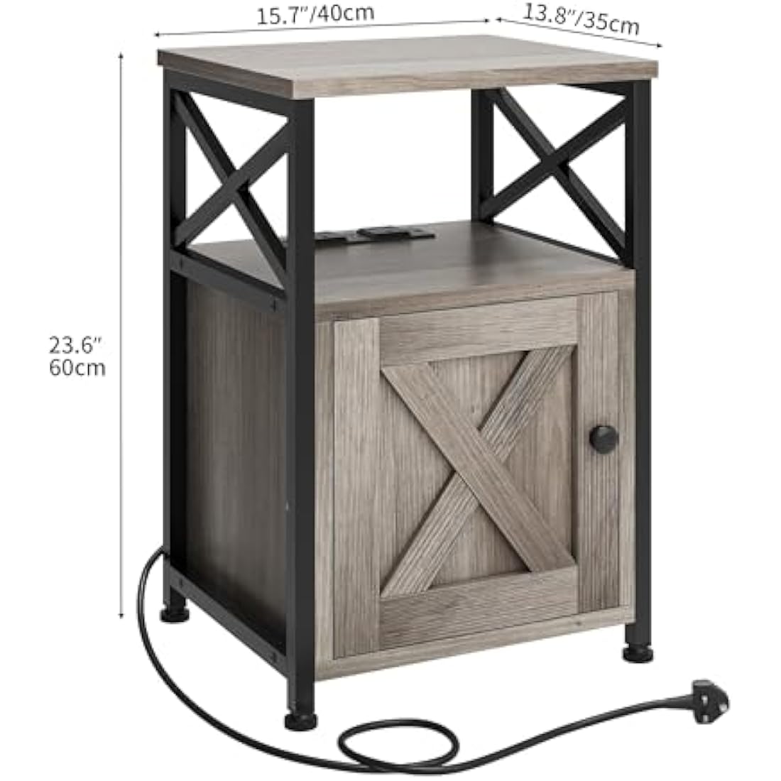YITAHOME Side Table, Bedside Table with Storage Cabinet, X-Shaped Sofa End Table with Charging Station, 2 USB Ports & Power Outlets, Living Room Coffee Table, Metal Frame, Bedroom, Grey, 40x35x60cm