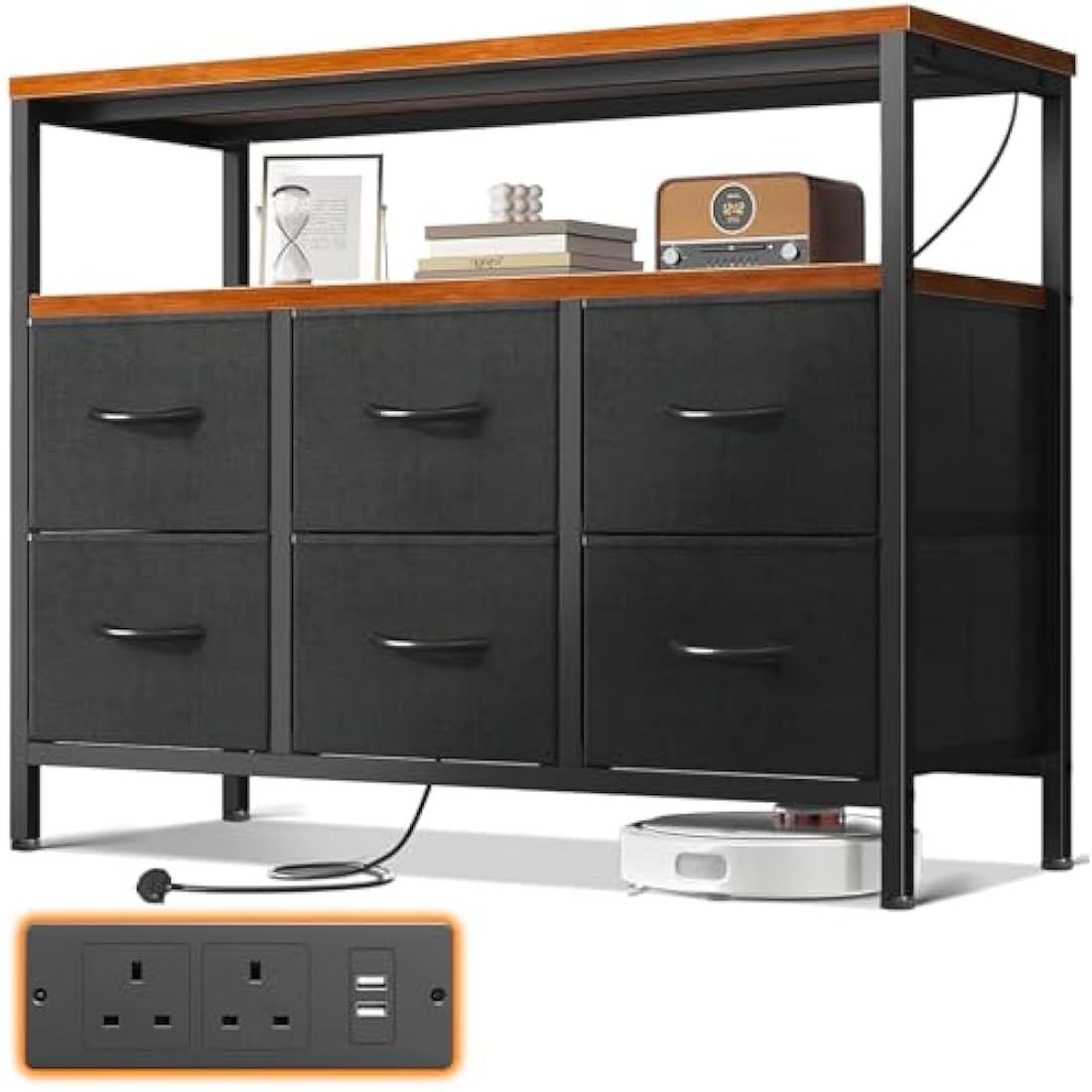 ODK Chest of Drawers Bedroom with 6 Drawers, Fabric Storage Drawers with 2 USB and 2 Sockets, Dresser Suitable for Bedrooms, Living Rooms, Sturdy Storage Dresser with Shelves, Retro Color