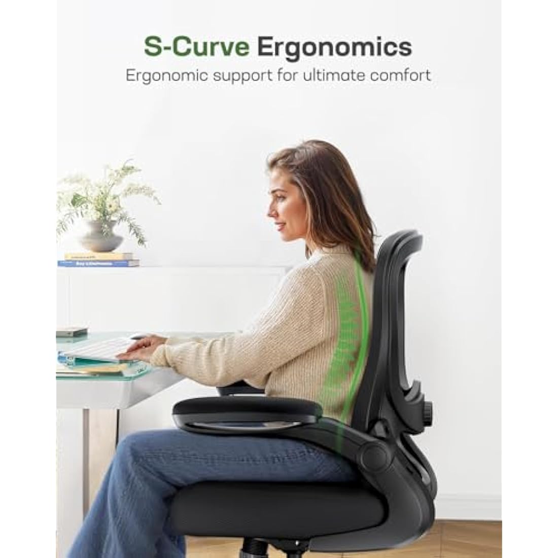 Marsail Ergonomic Office Chair: Ergonomic Desk Chair with Adjustable 3D Lumbar Support, Desk Chair Comfy with Flip-up Armrests, 90-120° Tilt Lock and Thick Cushion，300 LBS, Ebony