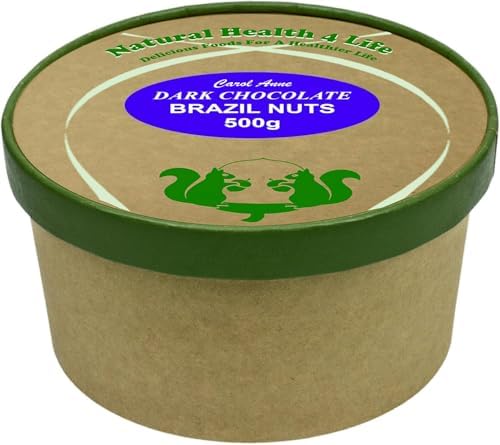 Natural Health 4 Life Carol Anne Confectionery Dark Chocolate Brazil Nuts 500g, Recyclable Kraft Tub and Sealed with Kraft Paper to Retain Freshness, Gluten-Free, Vegetarian,7.6g Protein/100g (1 Tub)