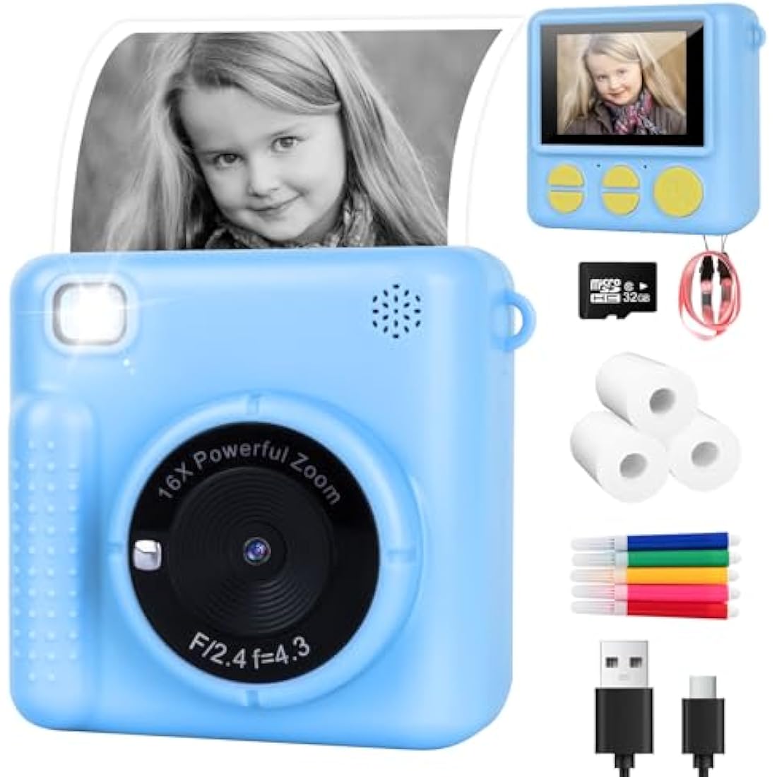 NICEWIN Kids Instant Camera for Girls and Boys, 1080P HD Digital Print Camera with Photo Paper, Fun Birthday Gift Toy for Children (Blue)