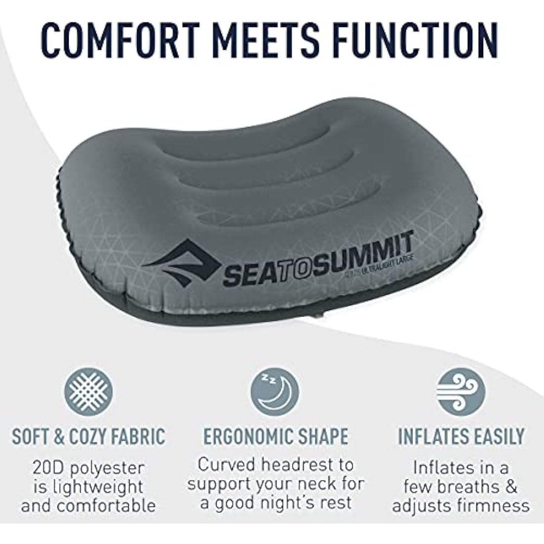 Sea to Summit - Aeros Ultralight Pillow L - Lightest Curved Inflatable Travel Pillow - Stretch-Knit 20D Polyester - Lock System - For Ultralight Backpacking - 44 x 32 x 14cm - Grey - 70g