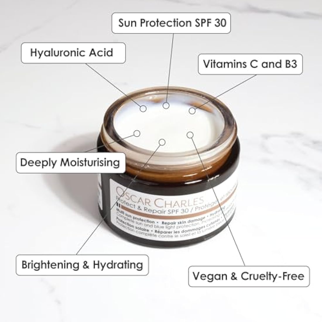 Oscar Charles Protect & Repair SPF Moisturiser Face Cream with Hyaluronic Acid + Vitamin C, SPF30, Best Moisturizer for Dry Skin & Skin firming Cream