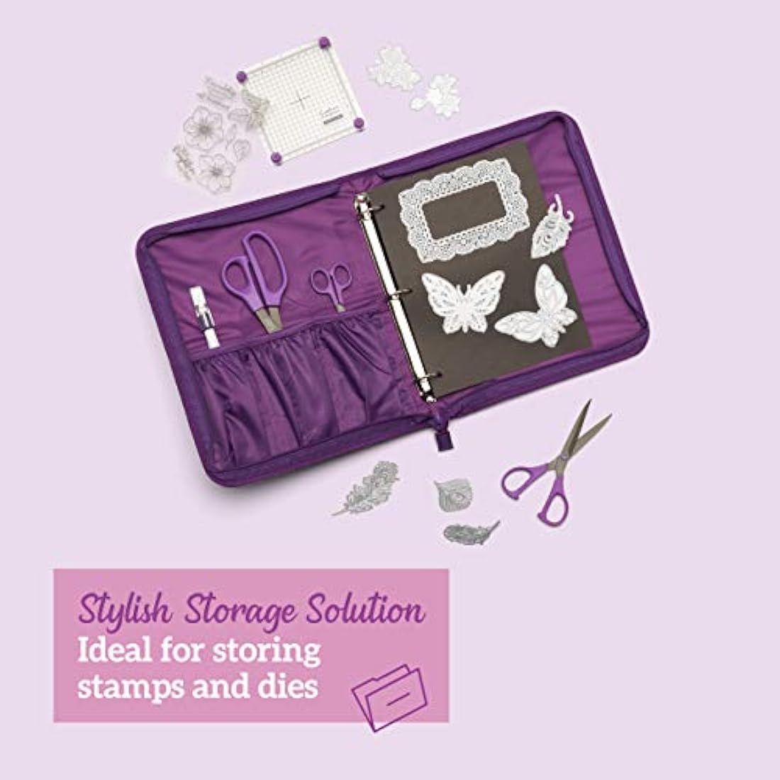Crafter’s Companion Metal Die & Stamp Storage Folder Large - Holds Panels 9” x 11” - Includes Zip Closure Perfect for Crafting on The Go, Purple