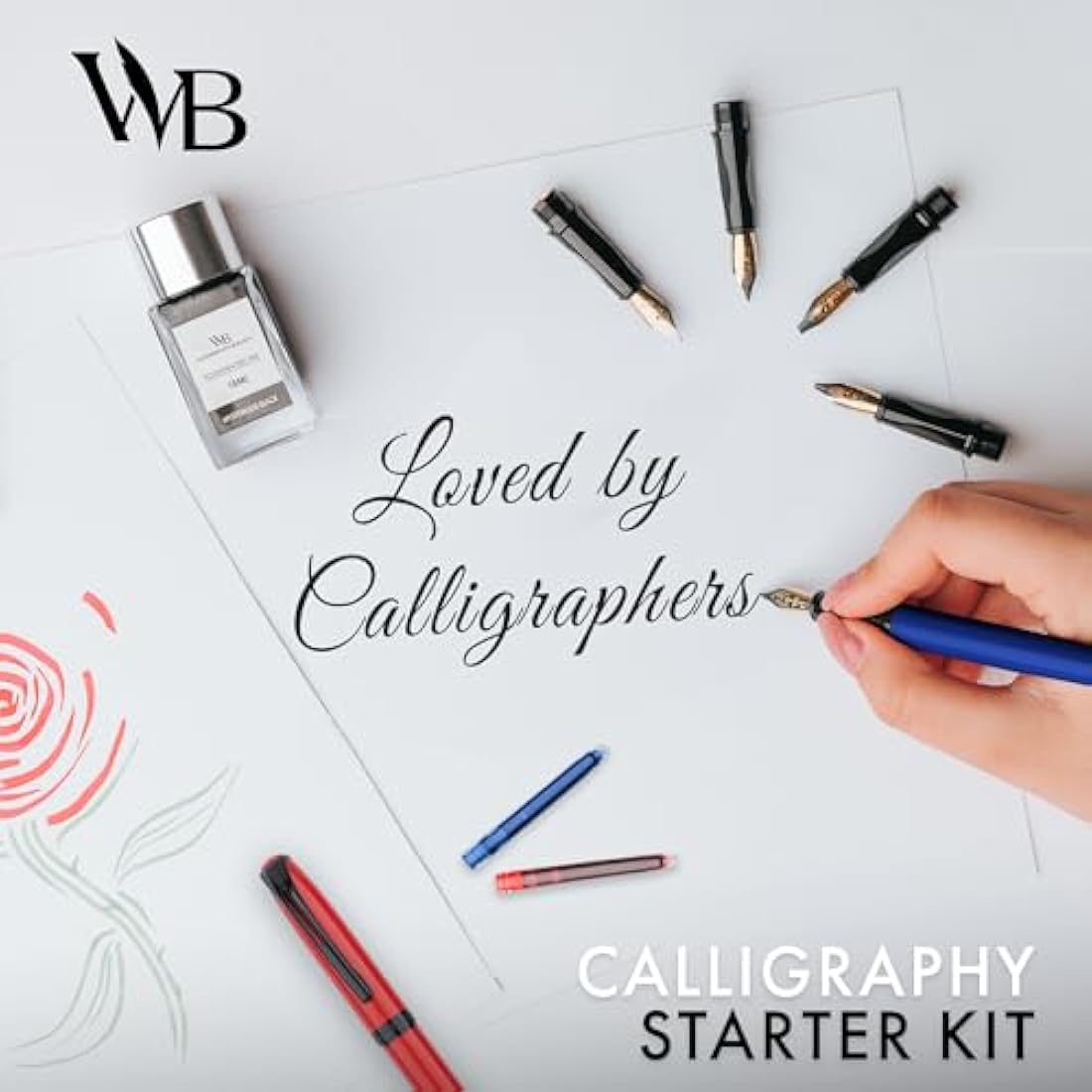 Wordsworth & Black Calligraphy Pen Set - Blue - Includes 2 Pens, 18 ML Ink Bottle, 60 Cartridges, 1 Medium & 4 Broad Nibs, Brush Pen - Calligraphy Kit for Beginners