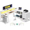 ODK Corner Desk with Drawers, L Shaped Gaming Desk with LED Lights & Power Outlets, Reversible Computer Desks for Home Office Workstation, Office Desks with Monitor Shelf, 155×110 cm, White