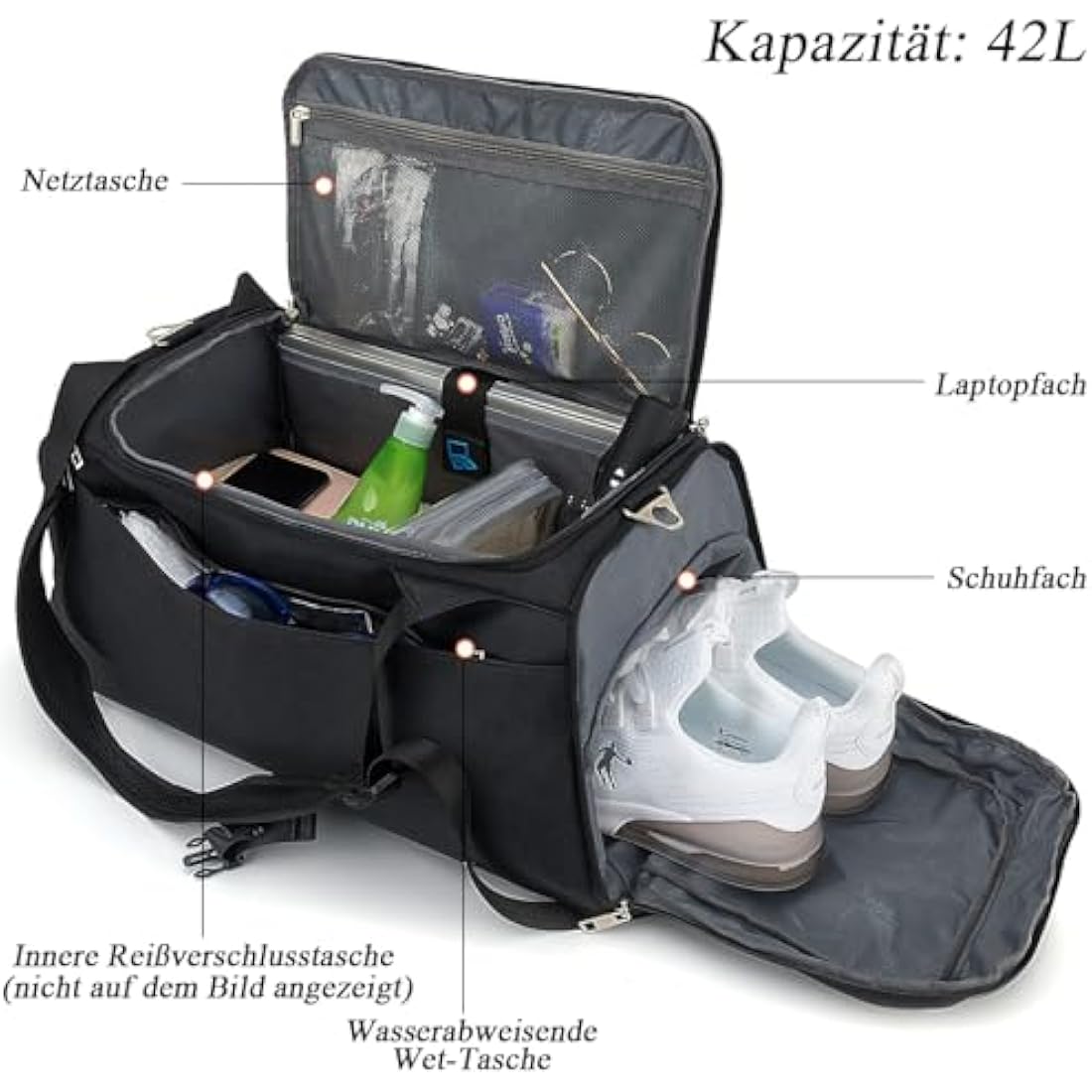 Sports Duffle Bag with Shoes Compartment and Wet Pocket, 42L Waterproof Gym Bag for Men and Women, Durable Travel Duffel Bag with Shoulder Strap and Combination Lock