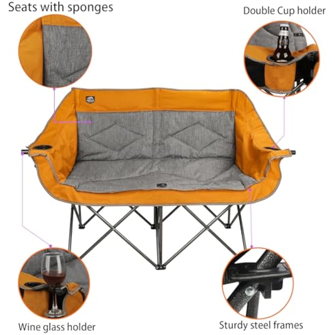 LANMOUNTAIN Folding Loveseat Camping Chair, Portable Double Chair w/Cup Holder,Wine Glass Holder,Carry Bag Heavy Duty Lawn Chair for 2 Adults,Perfect for Camp,Hiking,Picnics and Beach Trips,Orange