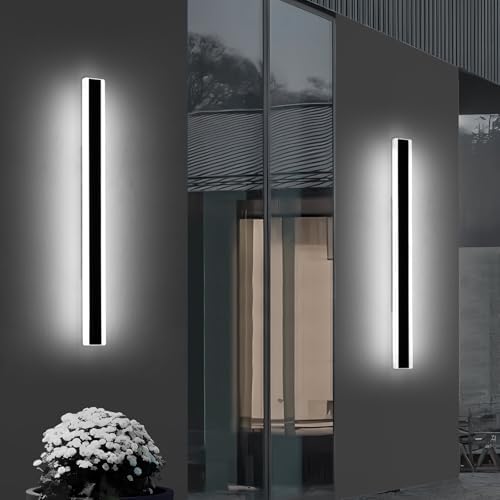 Mikeru 120cm Outdoor Wall Light, 2 Pack 42W 6500k Cold White Long LED Light, Modern Acrylic Aluminium Black Wall Sconce, IP65 Water Resistant, for Porch, Deck, Garden, Villa