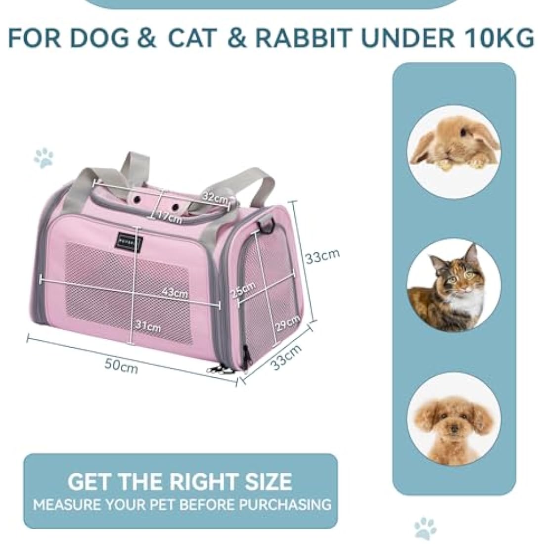 Petsfit Large Cat Carrier Up to 12KG, Pet Carrier with Extendable Fleece Mat,Small Dog Travel Bag Carrier with Safety Leash for Puppy for Car Use, Pink Cat Carrier