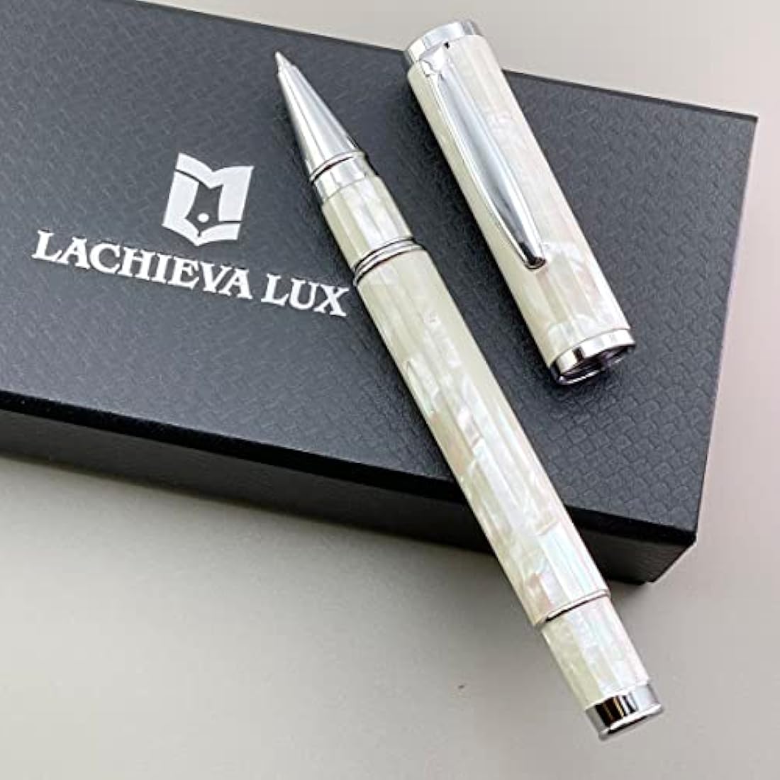 LACHIEVA LUX Stunning Mother of Pearl Rollerball Pen with Germany Refill, Luxury Gift for Women, Men, Professional for Writing (White Shell)