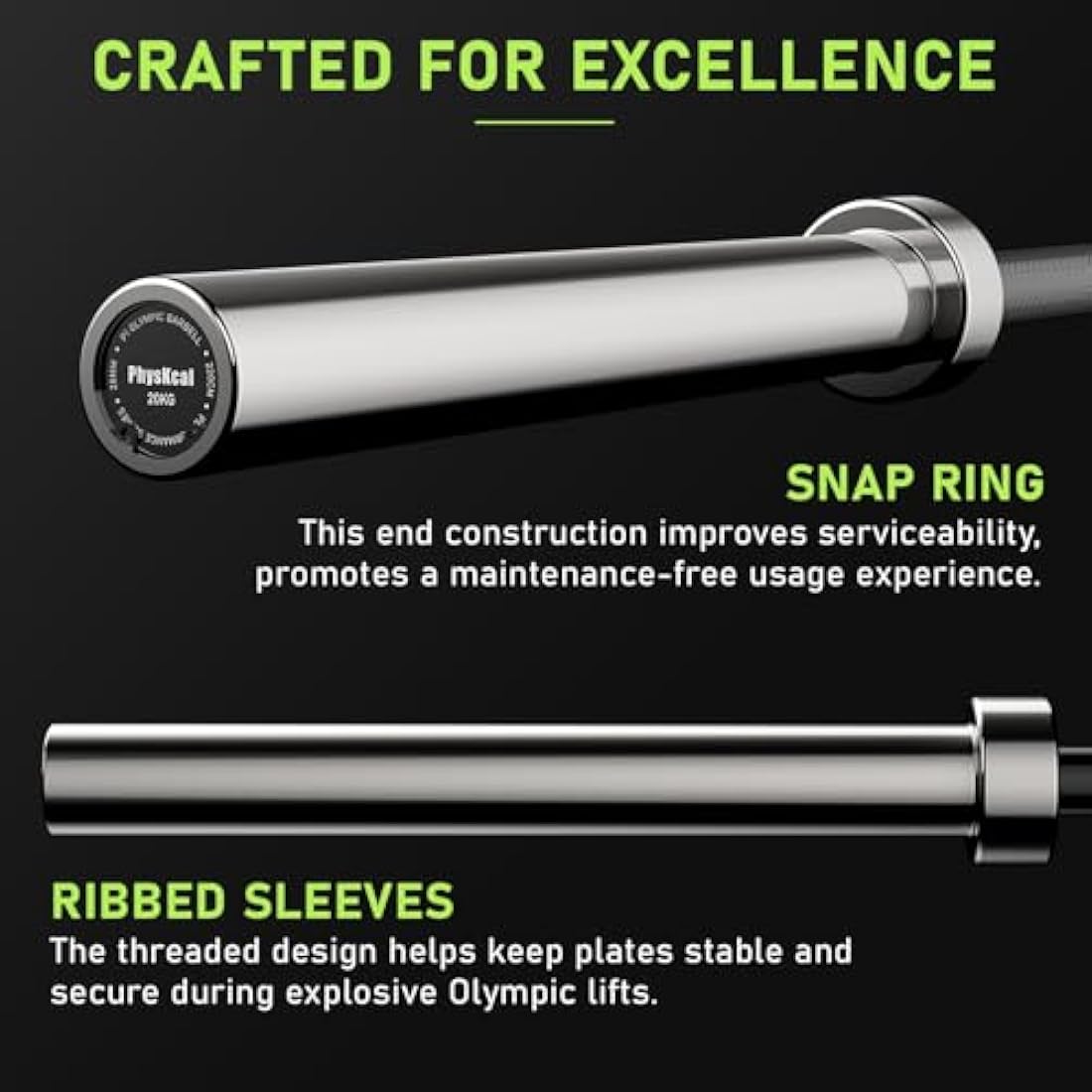 PhysKcal Olympic Barbell, 15kg/20kg Multipurpose Bar, 6.6ft/7.2ft Men's and Women’s Barbell for Weightlifting Powerlifting, 2 Inches Barbell Bar for Squat, Bench Press, Deadlift