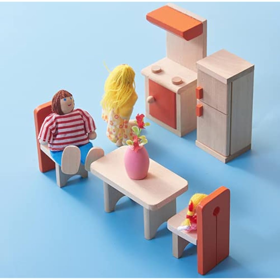 DecoBay Wooden Dolls House Furniture 4-6 Sets: Bedroom, Kitchen, Bathroom, Living Room With Family (5 Rooms and 7 Dolls)