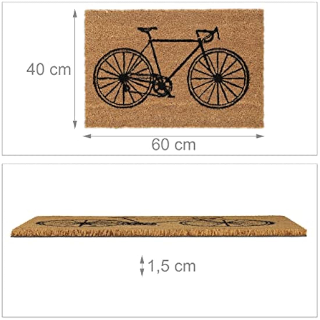 Relaxdays Doormat Coir Bicycle Cycling, 40 x 60 cm, Door Mat Inside & Outside, Non-Slip Wiper, Rectangular, Black-White