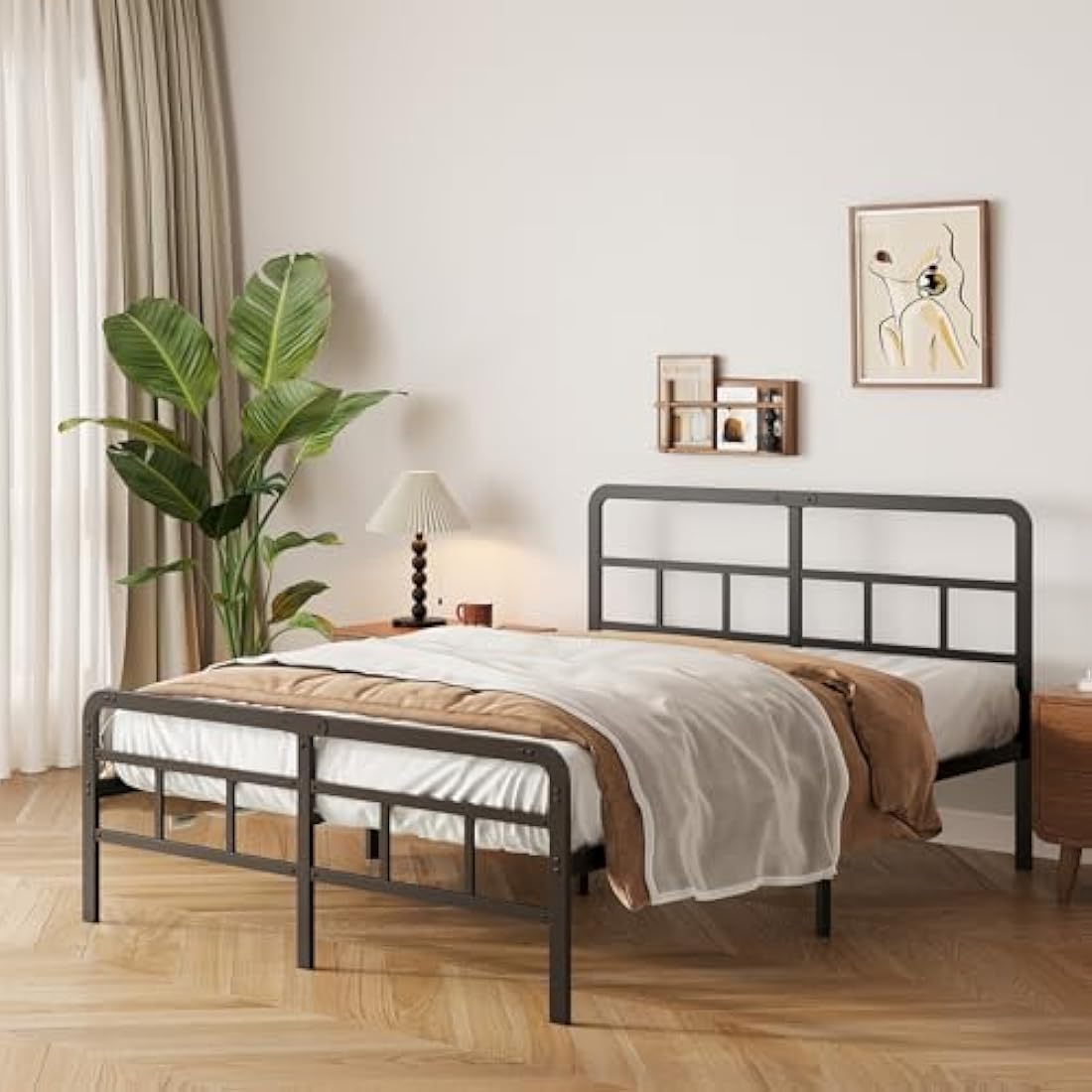 Yicensen Super King Bed Frame with Curved Headboard and Footboard 180x200 cm, Black Super King Platform Bed with Heavy Metal Slats for Stable Support, No Box Spring Needed, Noise Free, Easy Assembly