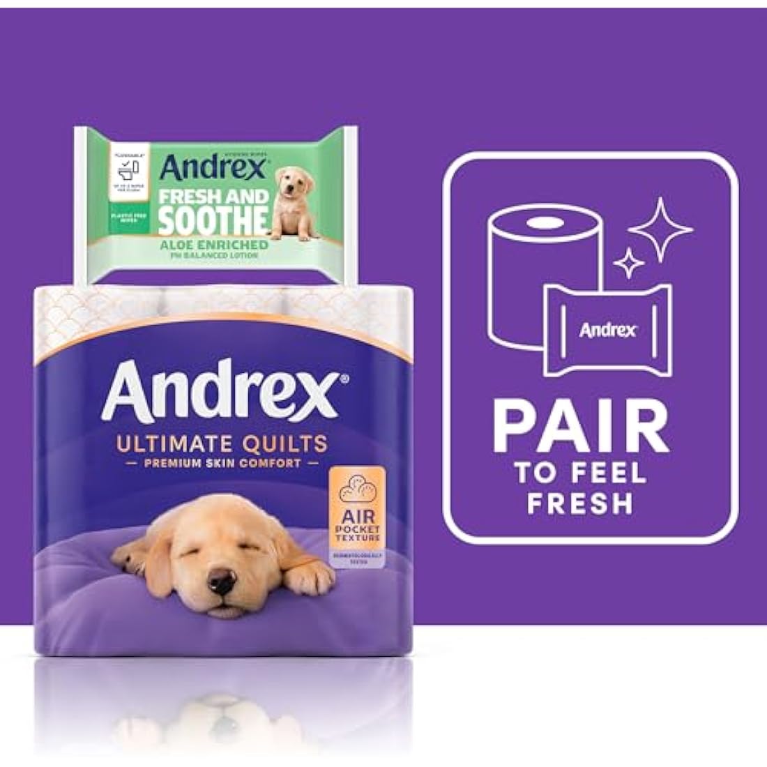 Andrex Ultimate Quilts Toilet Tissue 24 Rolls, Air Pocket Technology for Soft, Thick Sheets - 4 Quilted Toilet Rolls x 6 Packs, FSC Certified