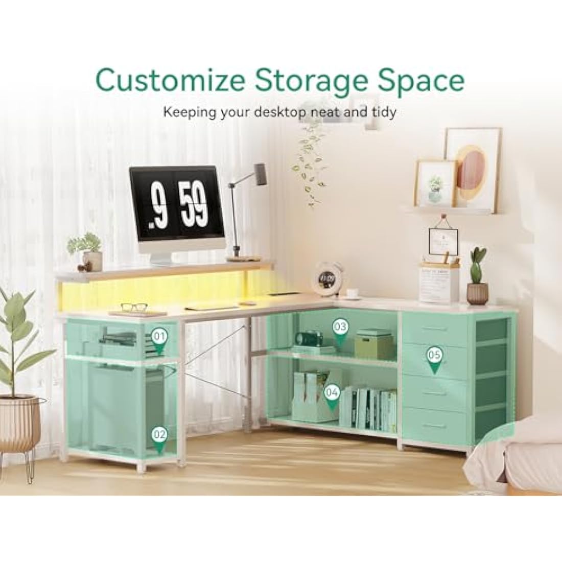 ODK Corner Desk with Drawers, L Shaped Gaming Desk with LED Lights & Power Outlets, Reversible Computer Desks for Home Office Workstation, Office Desks with Monitor Shelf, 155×110 cm, White
