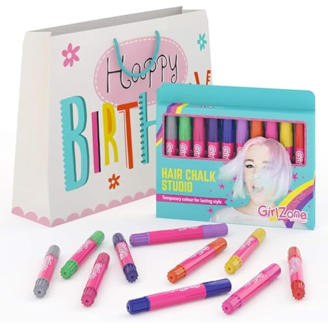 GirlZone Hair Chalks Set, 10-Piece Temporary Chalk Pens Kit, Easy to Apply and Remove Girls Hair Colour for Kids Dress Up Parties and Role Play, Gift-Ready Kids Hair Dye and Toys for Girls