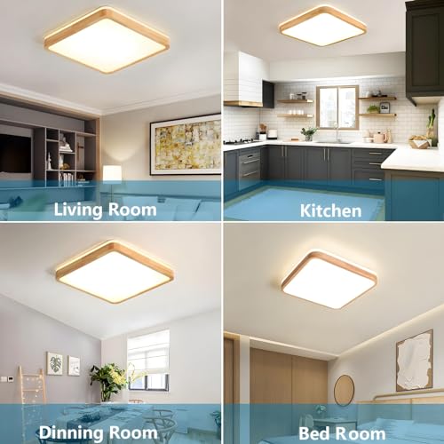 YYUTLUO LED Ceiling Light Wood, Top 360 Glow Square Natural Wooden Lamp | 3000K Warm White, 18W 1600lm | Living Room, Kitchen, Dining Room, Hallway,