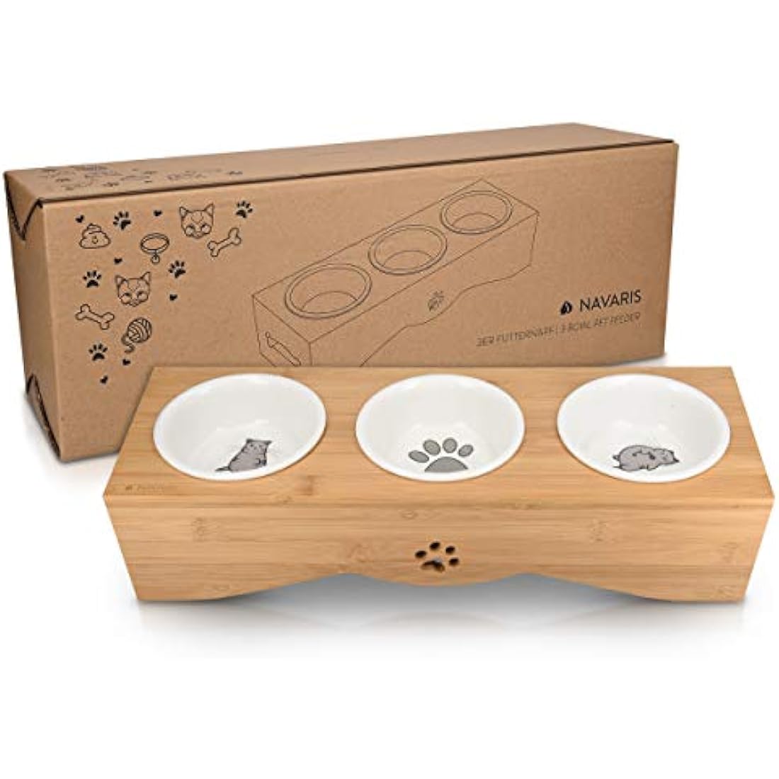 Navaris Raised Cat Bowls - Elevated Triple Cat Food Bowl Feeder - Ceramic Feeding Dishes with Bamboo Stand - 3 Dish Feeding Station Set with Printed Designs