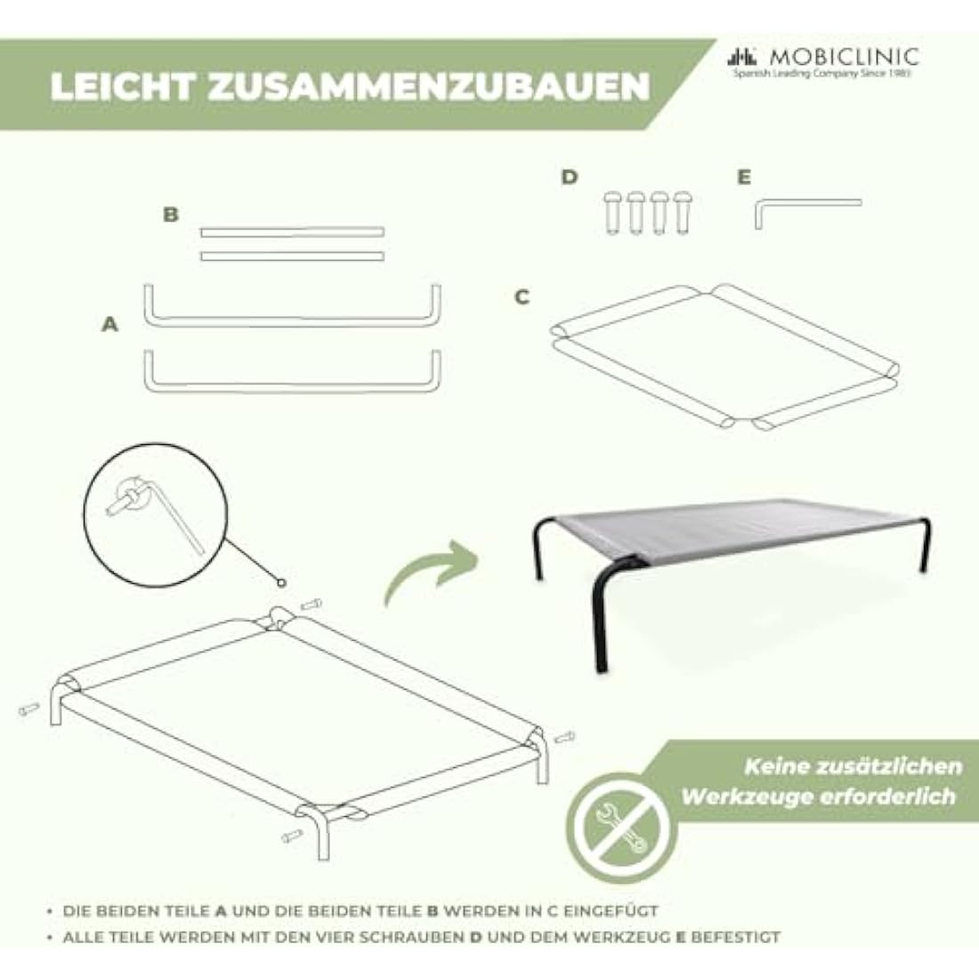 Mobiclinic®, Elevated Dog Bed, Cooling Breathable Elevated Pet Bed, 122x71x21cm, Pet Cot Elevated, Indoor and Outdoor, Easy to Clean, Dog Bed, Insulating, Tool-Free Assembly, Cleo, Max. 60 kg, Grey