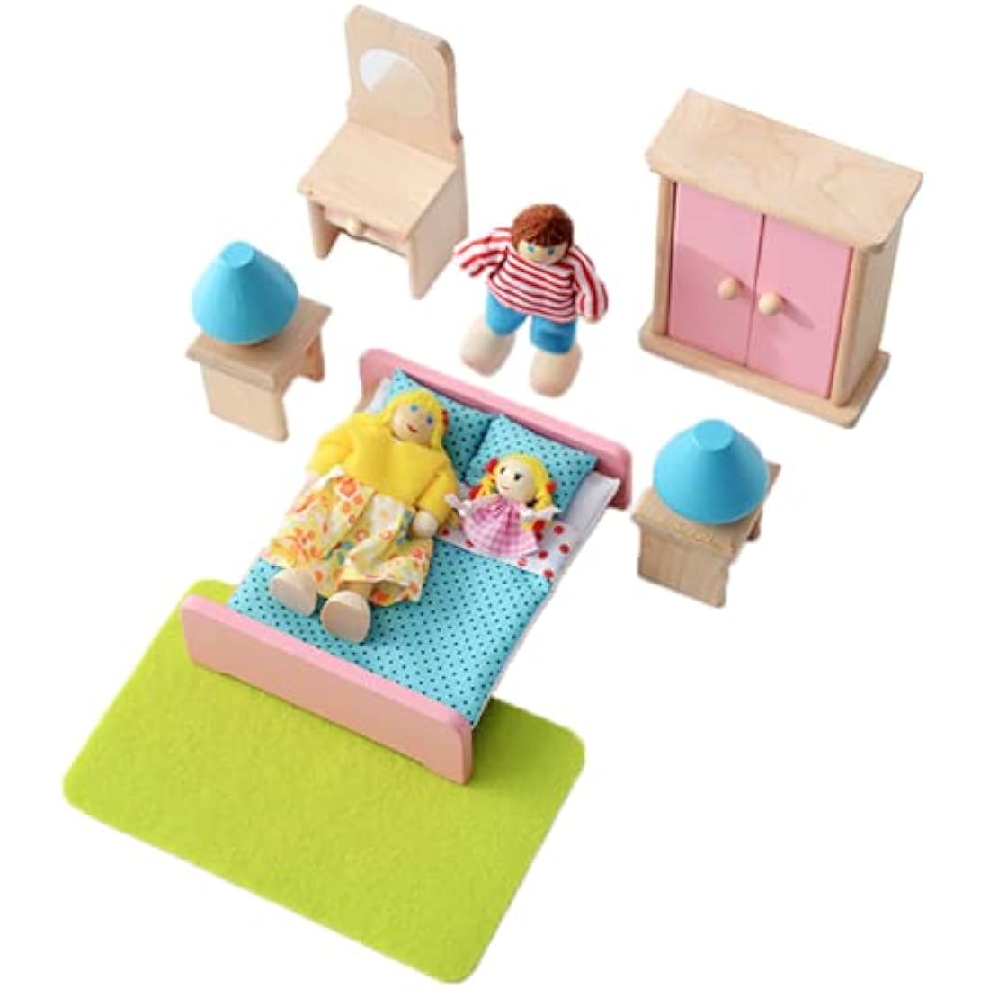 DecoBay Wooden Dolls House Furniture 4-6 Sets: Bedroom, Kitchen, Bathroom, Living Room With Family (5 Rooms and 7 Dolls)
