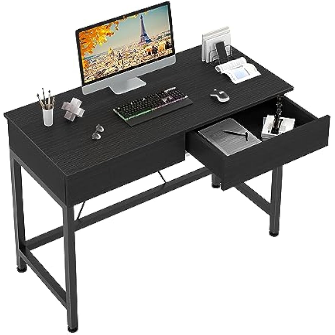 CAIYUN Computer Desk with Drawers, Dressing Table, Vanity Desk, Make Up Desks, Home Office Desks with Storage, Study Tables for Small Space, Laptop Table Made of Wood and Metal, 39.4", Black