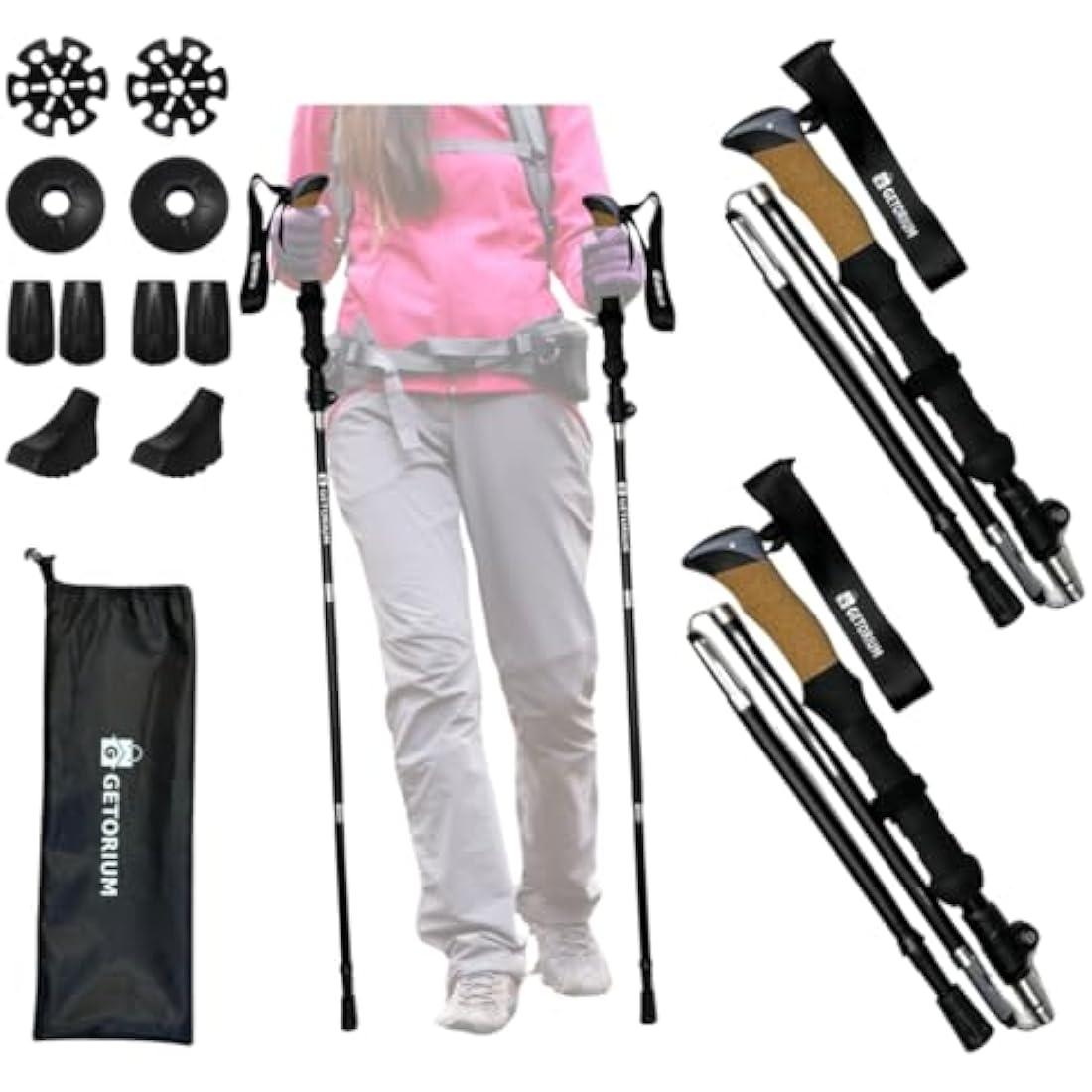 GETORIUM Trekking Poles - Lightweight, Folding Hiking Poles for Backpacking Gear, Nordic Ultralight Walking Sticks, 2 Poles, Aluminum 7075, 110-130cm, Cork Grip