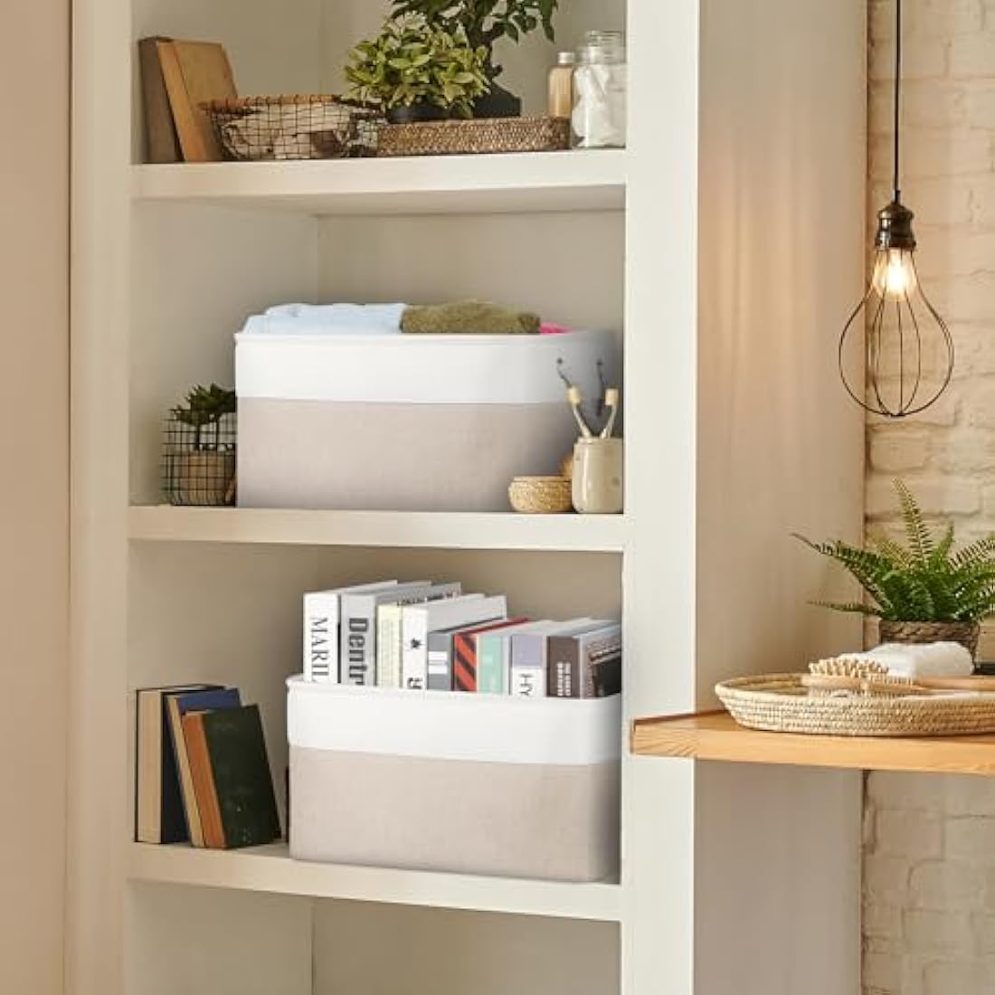 Syeeiex Storage Basket for Shelves [3-Pack], Storage Boxes with Handles, Large Fabric Storage Bins for Organizing Home and Office, White & Khaki