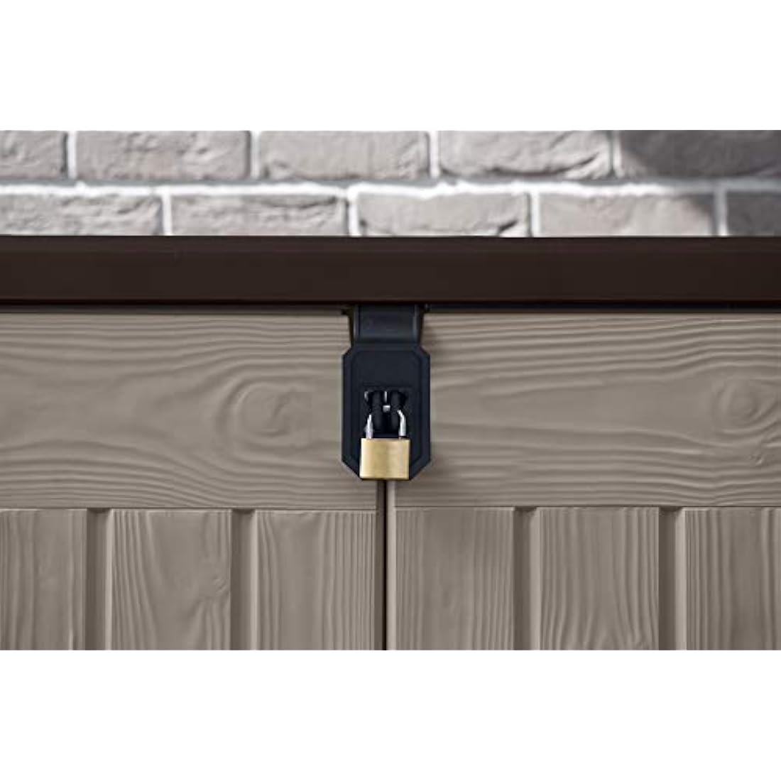 Keter Store It Out Pro Outdoor Garden Furniture Storage Shed Beige with Brown Lid Fade Free All Weather Resistant Safe and Secure Zero Maintenance 5 year Warranty