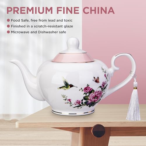 London Boutique teapot with Infuser - Tea Pot infusers for Loose Tea -700ml Capacity Perfect 2 Cup teapot -Easy Grab Handle Teapots (Rose Bird Butterfly Pink)