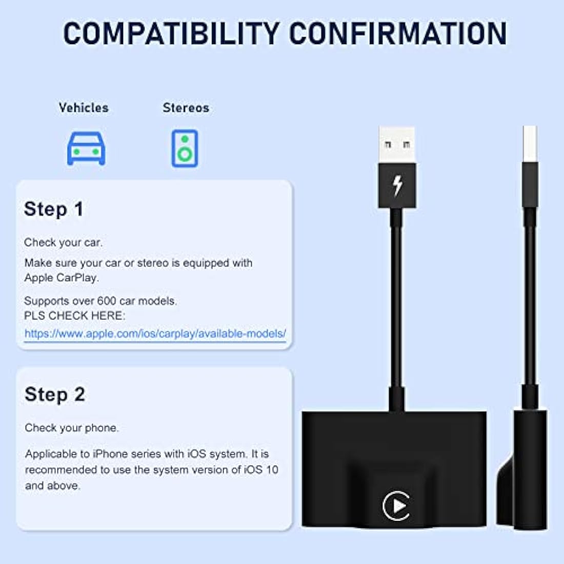 CarPlay Wireless Adapter for Factory Wired CarPlay 2024 Upgrade Plug & Play Wireless CarPlay Dongle Converts Wired to Wireless Fast and Easy Use Compatible with Cars from 2015 & iPhone iOS 10+