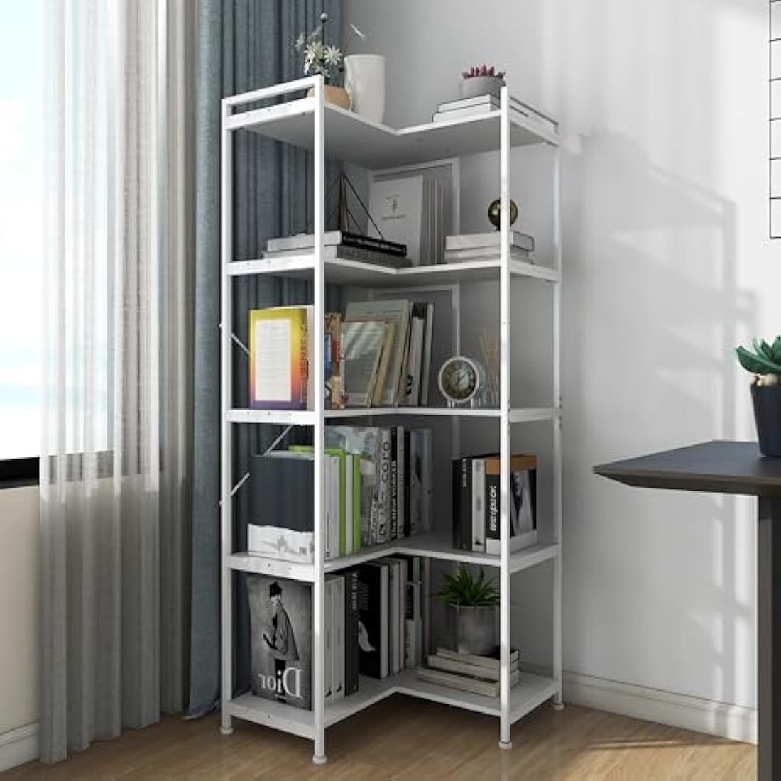 VEDECASA 5 Tiers Corner Bookcases L Shaped Corner Bookshelves White Bookshelf Storage Display Rack with Metal Frame for Living Room Home Bedroom Home Office Study Room White