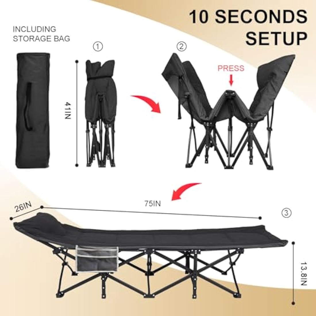 ATORPOK SHOP Camp Beds for Adults with Cushion and Pillow, Comfortable Travel Camping Cot for Sleeping, Portable Tent cot with Carry Bag Supports 450 lbs (Black)