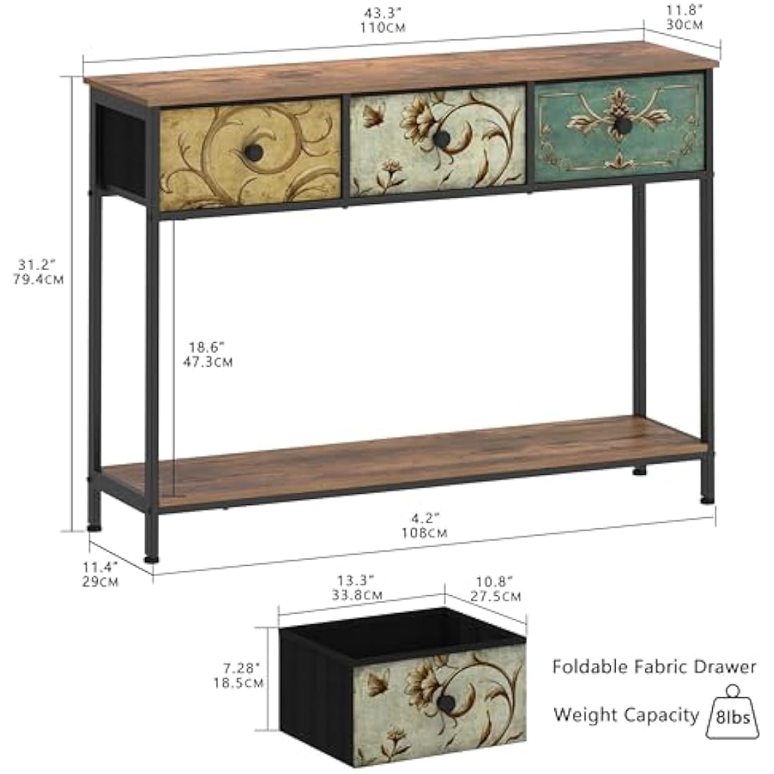 VEDECASA Console Table for Hallway Slim Console Table with 3 Drawers for Entryway with Storage Shelves for Small Spaces Living Room Metal Frame Wooden Top Easy Assembly Rustic Brown