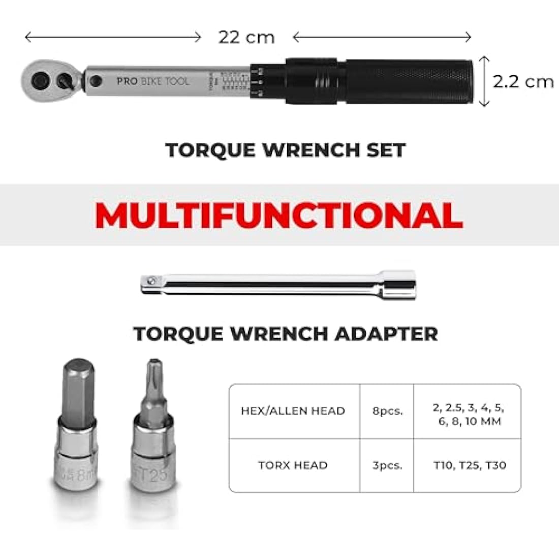 Bicycle Motorcycle Torque Wrench 1/4" Drive with Ratchet and Extension Measuring Range 2-20Nm Precision Tool Including Hex Hex Wrench and Torx Bits for Road Bike,