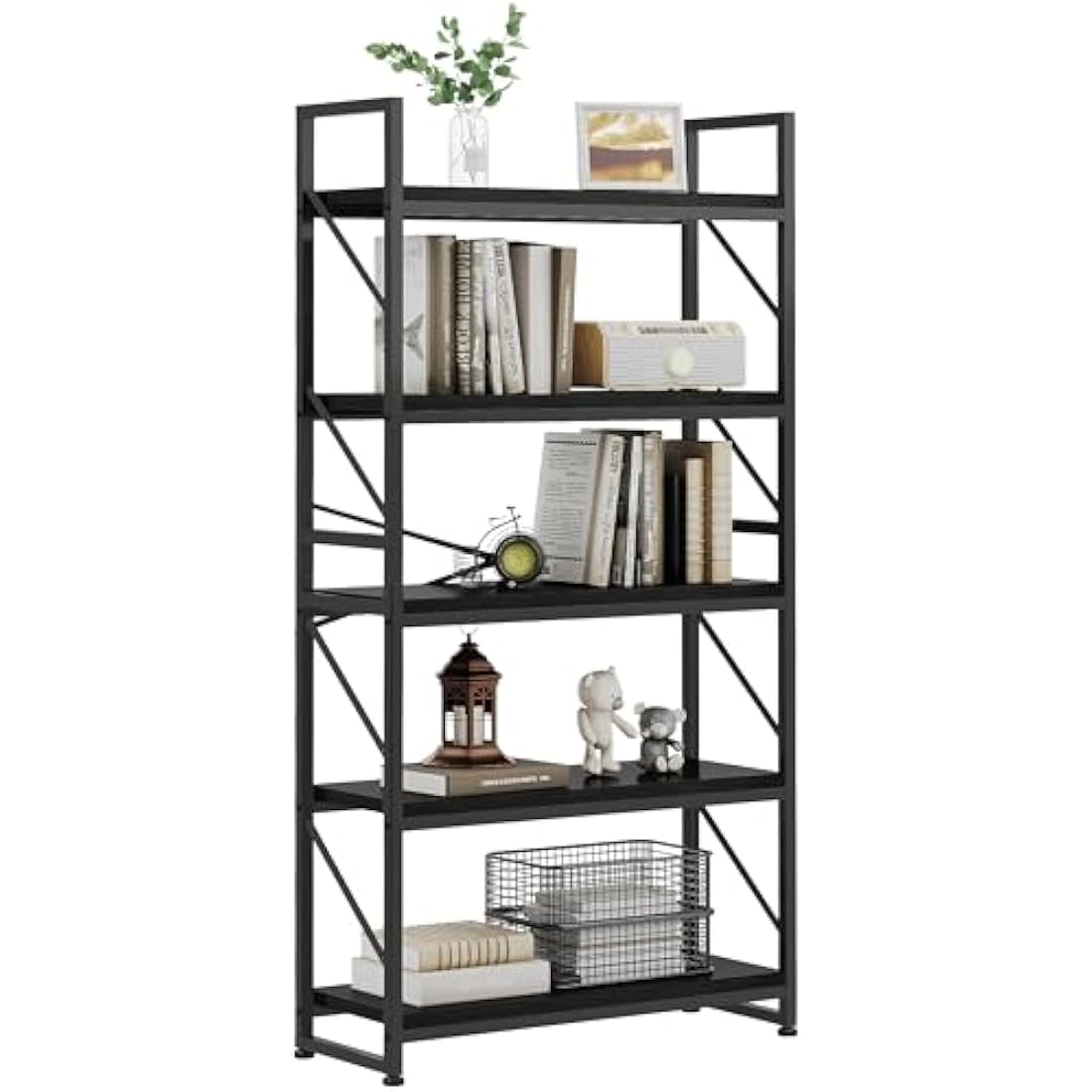 YITAHOME Bookcase 5 Tiers, Industrial Book Shelf Large Floorstanding Book case Wooden Shelf and Metal Frame Shelving Unit Display Storage Rack for Living Room, Home Office, Black Bookshelf