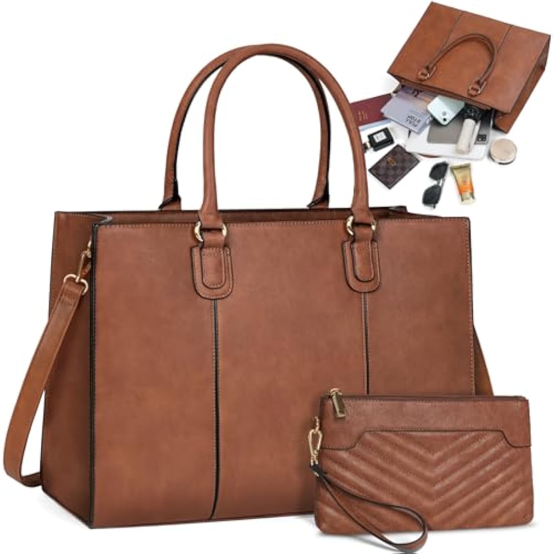 NEWHEY Laptop Bag for Women 15.6 Inch Large Work Tote Bag with Clutch Bag Designer PU Leather Briefcase Ladies Handbag with Laptop Pocket Messenger Shoulder Bag for School Office Travel Business