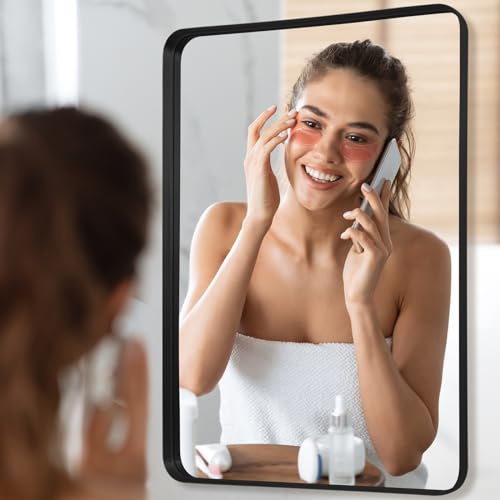 LunaMirror Wall Mirror 60x90 CM Wall-Mounted Bathroom Vanity Mirror Stylish Black Mirror Wall Decor Rectangle Wall Hanging Mirror with Curved Corners