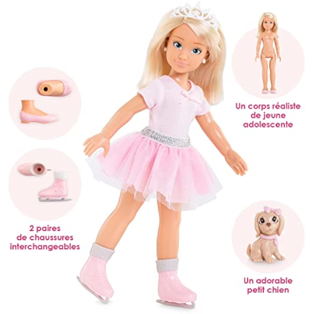 Corolle 9000600010 Girls Valentine Ballerina Set, Dressing Doll with Dog, with Crown, Earrings and Extra Ice Skates, 28 cm Toy Doll with Vanilla Fragrance, from 4 Years