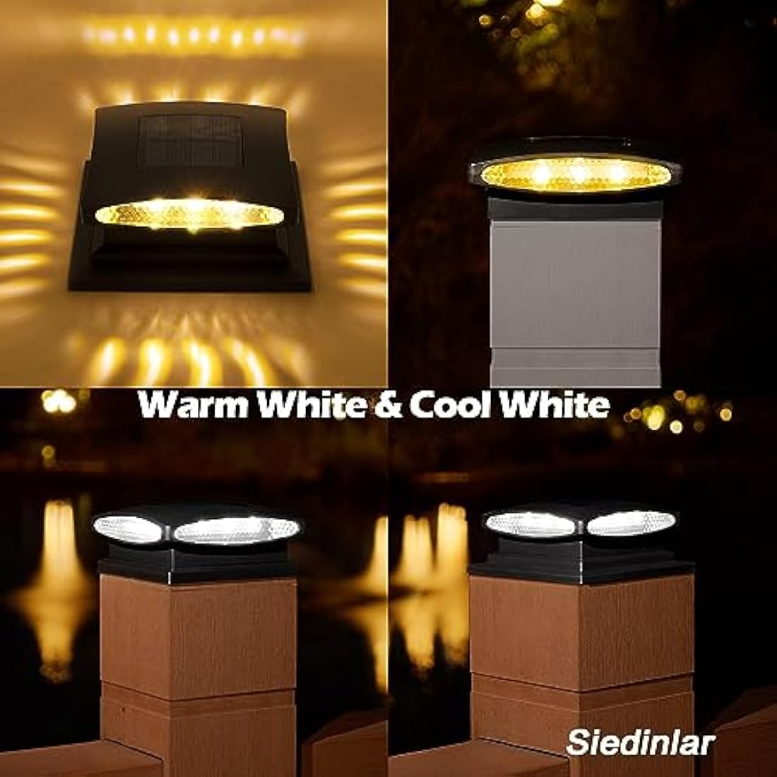 Siedinlar Solar Post Cap Lights Outdoor, 2 Modes 24 LED Solar Powered Fence Deck Light for 4x4 5x5 6x6 Posts Garden Patio Decoration Warm White & Cool White, Black (4 Pack)