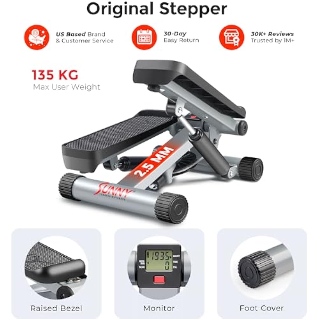 Sunny Health & Fitness Mini Stepper for Exercise at Home, Stair Step Workout Machine with Resistance Band and Over 135KG Weight Capacity, Optional Twist Motion and Free SunnyFit App Connection