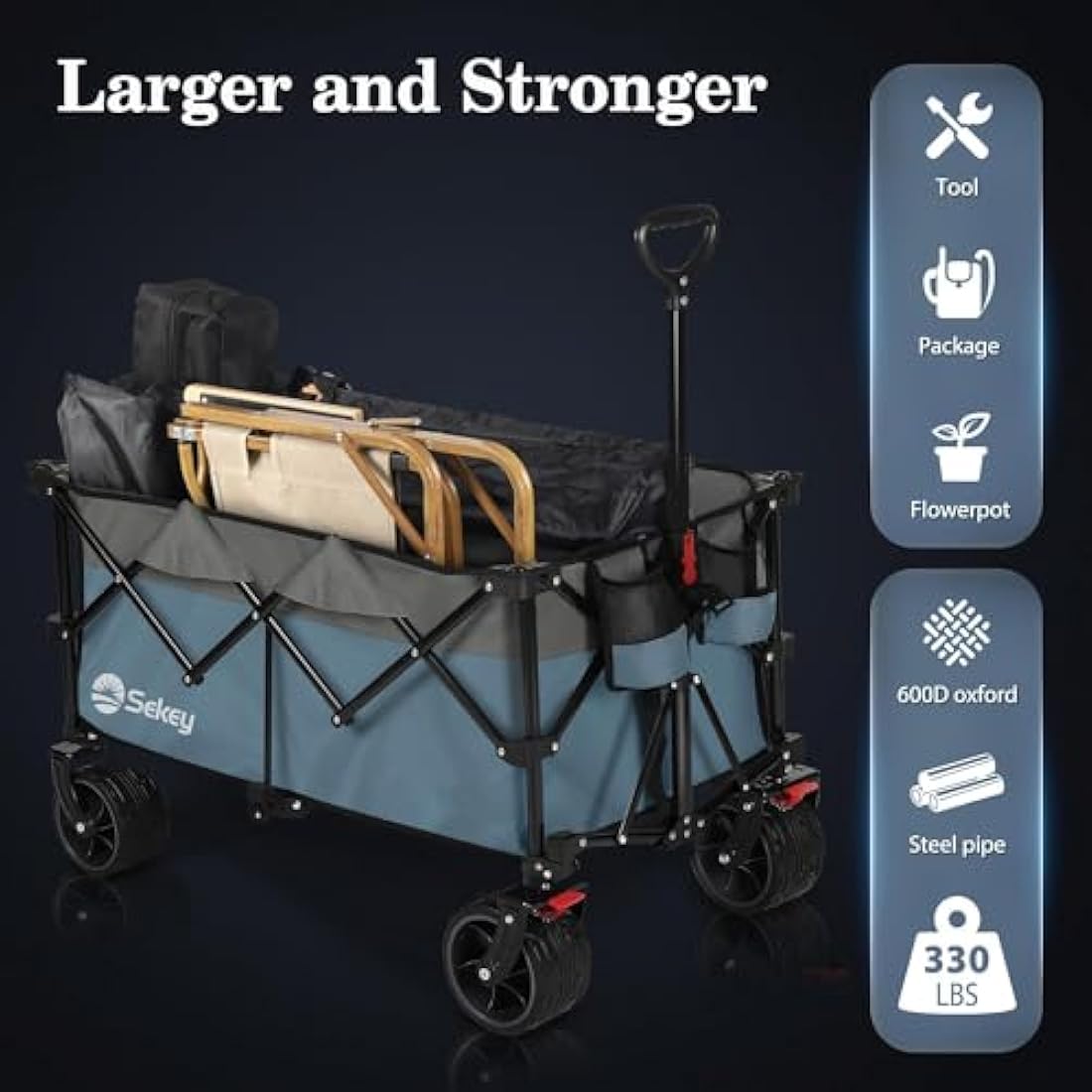 Sekey 200L Folding Festival Trolley with All-Terrain Extra Wide Wheels and Brake, Heavy-Duty Cart Loadable up to 150KG, Patented Four-Directional Foldable Design, Wagon for Beach Camping, Blue&grey